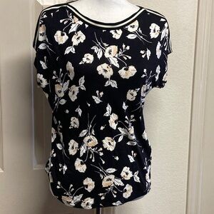 Lauren Ralph Lauren Black and Cream Floral Print Short Sleeve Blouse Top Size M